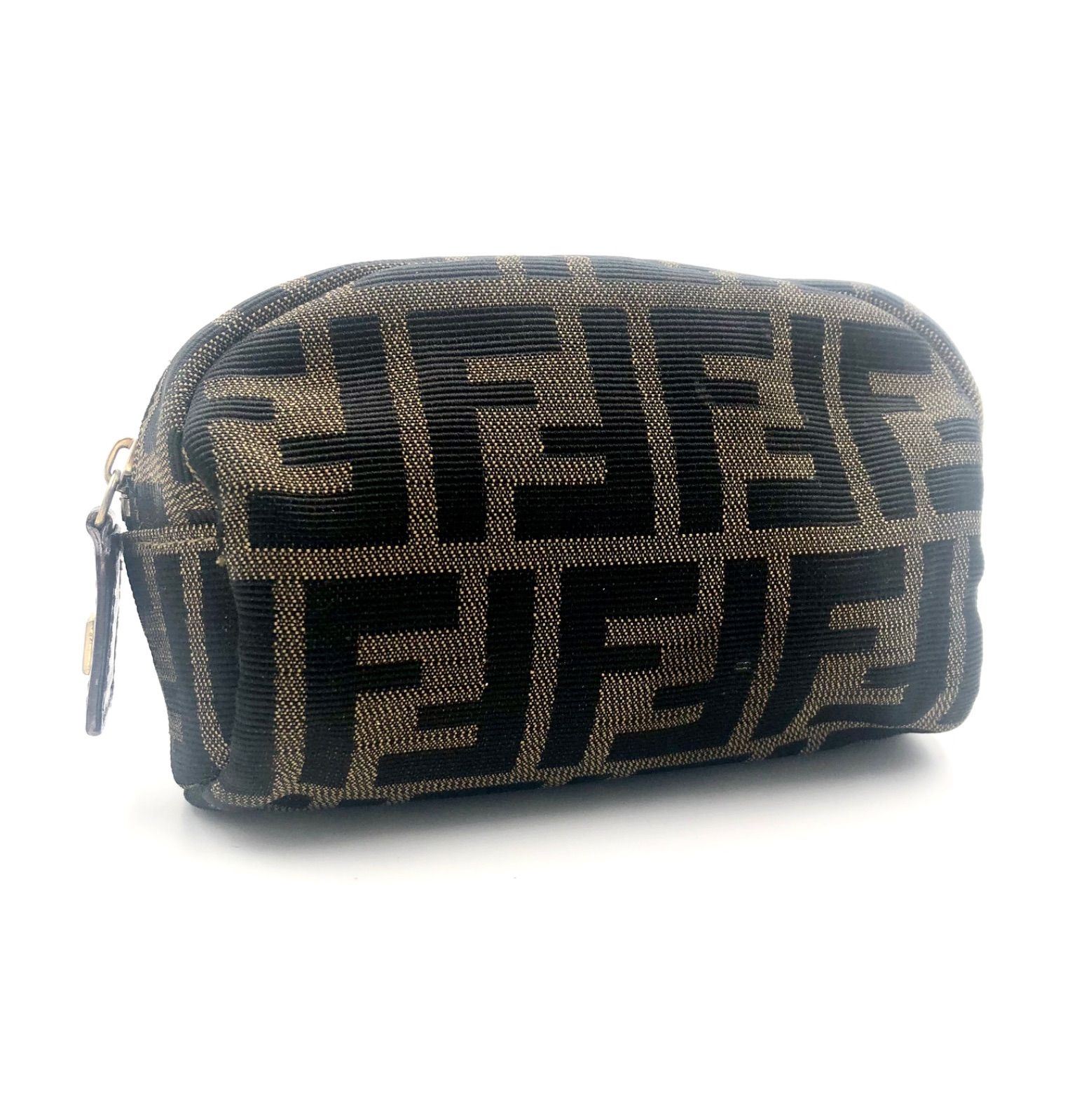 外観 FENDI フェンディ ズッカ ミニポーチ FF総柄 キャンバス ブラウン ゴールド金具 レディース