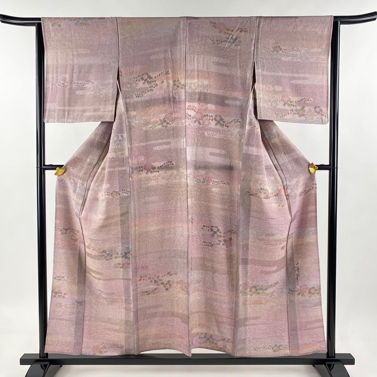 小紋 身丈154.5cm 裄丈63.5cm S 単衣 落款 草花 霞 ぼかし 薄紫 正絹 秀品