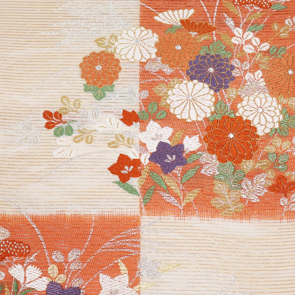 袋帯　金ベージュ　花と松柄　くすみカラー　正絹 袋帯 正絹 金糸 ベージュ色x金色x緑色x多色 菱型に四季花文様