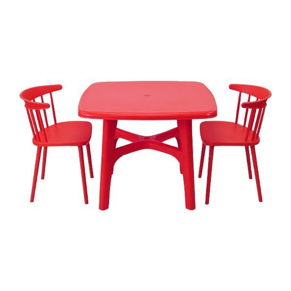 プラスチックチェア ガーデンチェア ガーデンテーブル ウィンザー 3点セット UVカット パラソル使用可 ガーデンテーブルセット ガーデンテーブル&チェアー 2脚 テーブル ポリプロピレン PP プラスチック p38chb10tbl (3, レッド)
