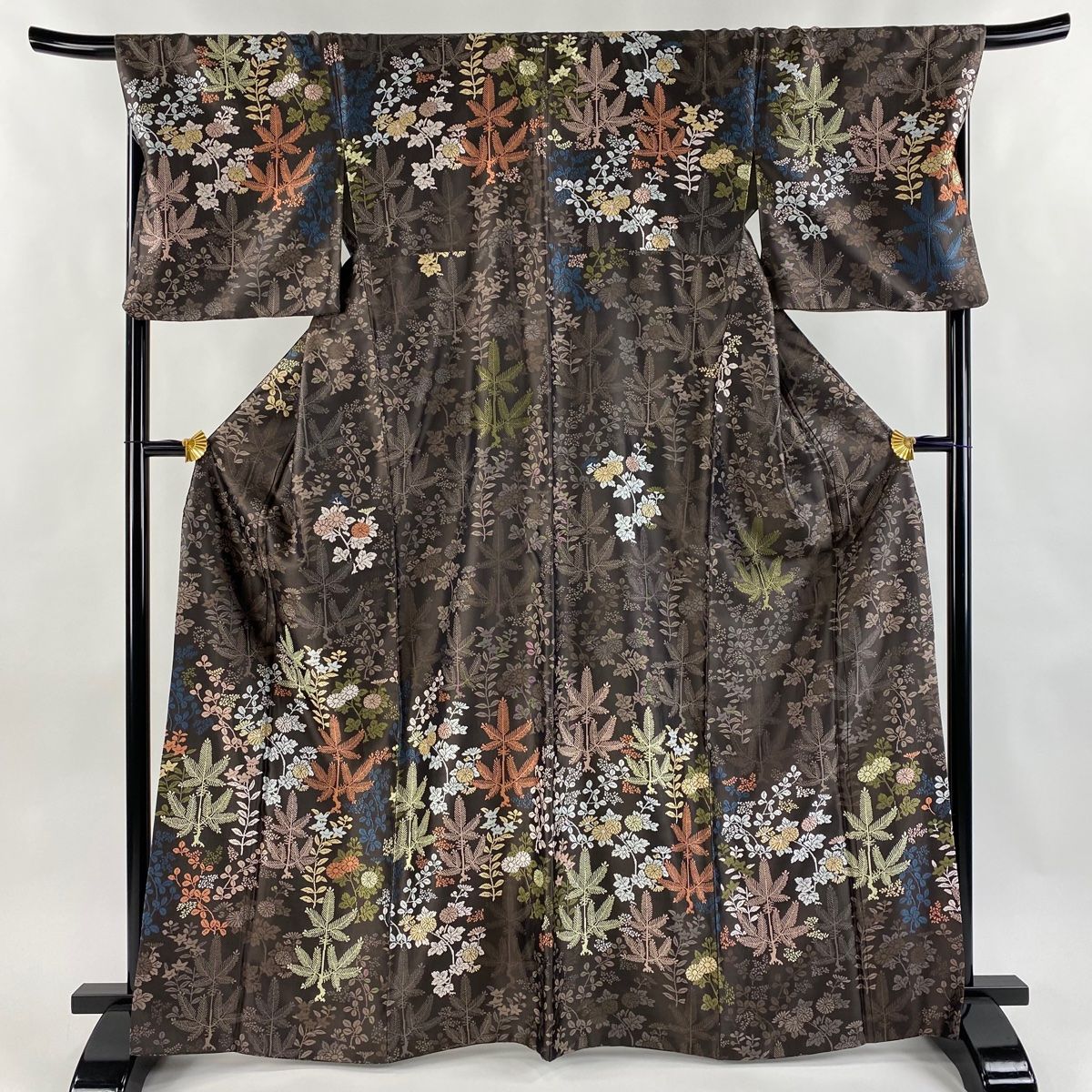 訪問着 身丈165.5cm 裄丈69.5cm L 袷 若松 草花 刺繍 茶紫 正絹
