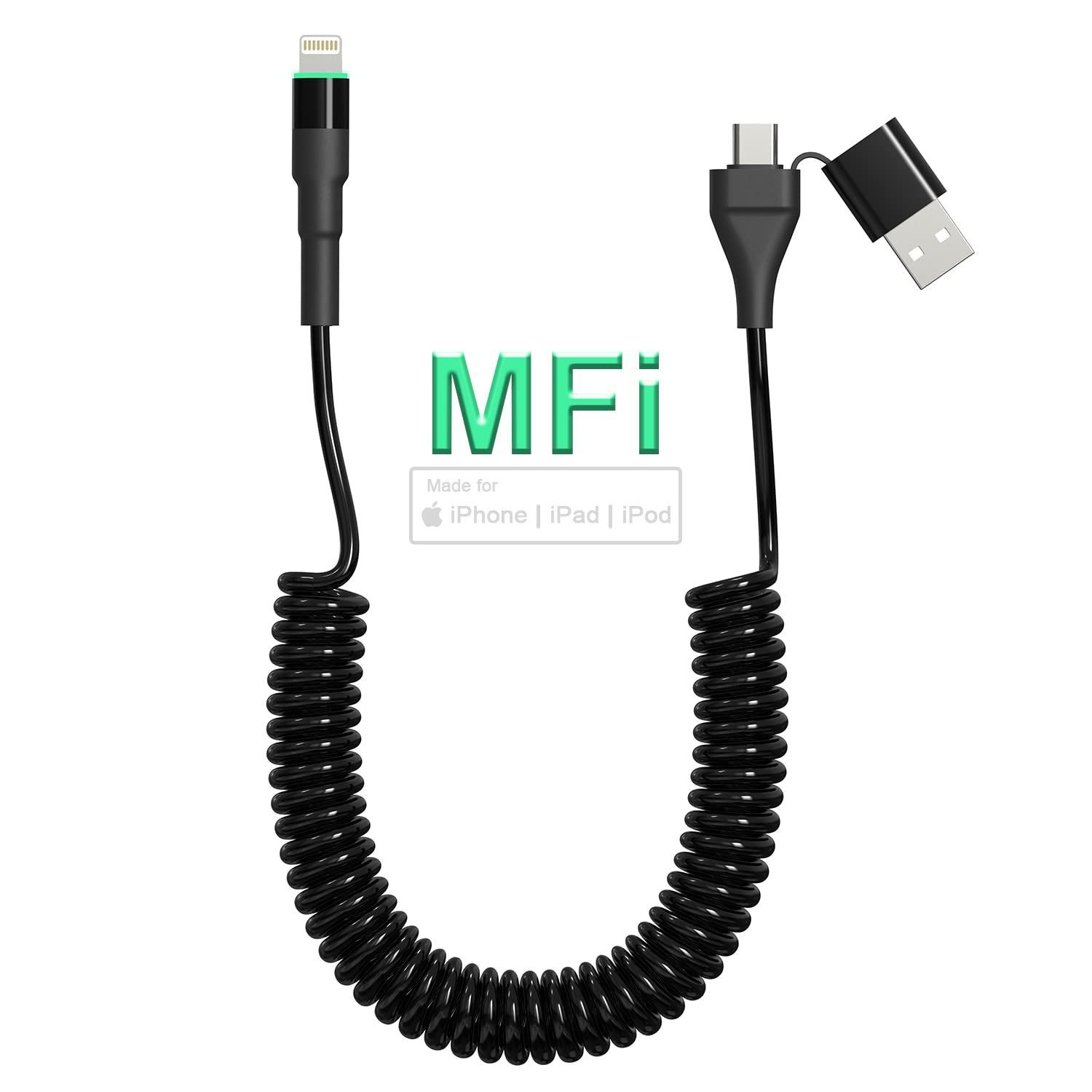 コイル 2in1 充電ケーブル ライトニング＆タイプC iPhone充電ケーブル カールコード MFI認証 5V2A 急