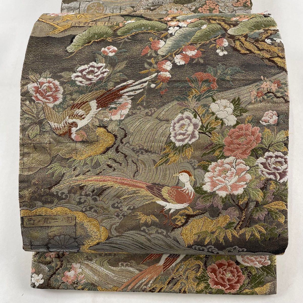 袋帯 秀品 花鳥 松 刺繍 箔 金色 お太鼓柄 正絹