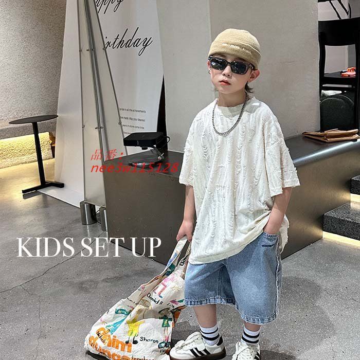 キッズ セットアップ 上下2点セット オーバーサイズ トップス 半袖 重ね着 Tシャツ ダメージ ボ子供用 ハーフパンツ プルオーバー トップス nee3w115128