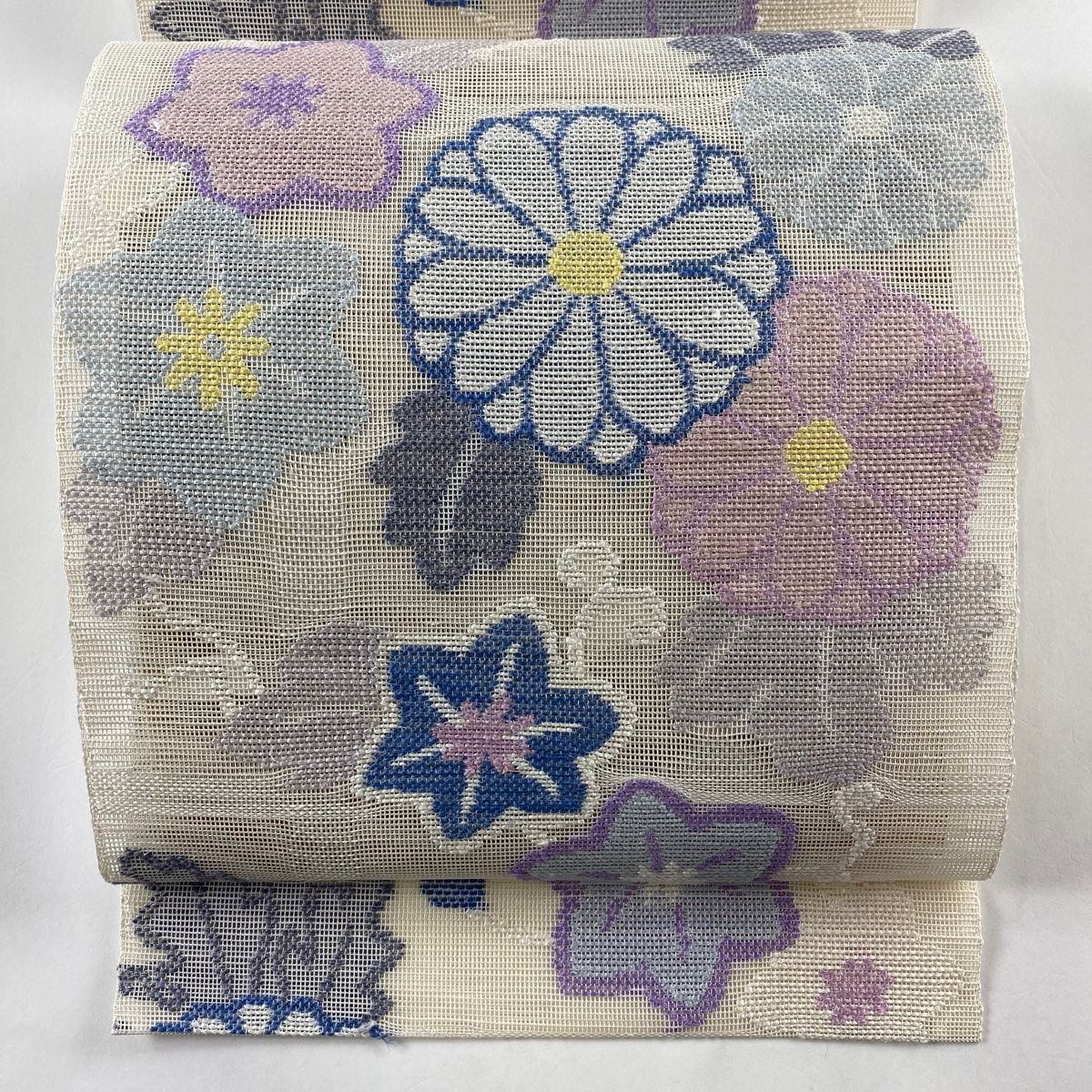 名古屋帯 秀品 夏帯 八寸名古屋帯 松葉仕立て トンネル仕立て 菊 ベージュ 正絹
