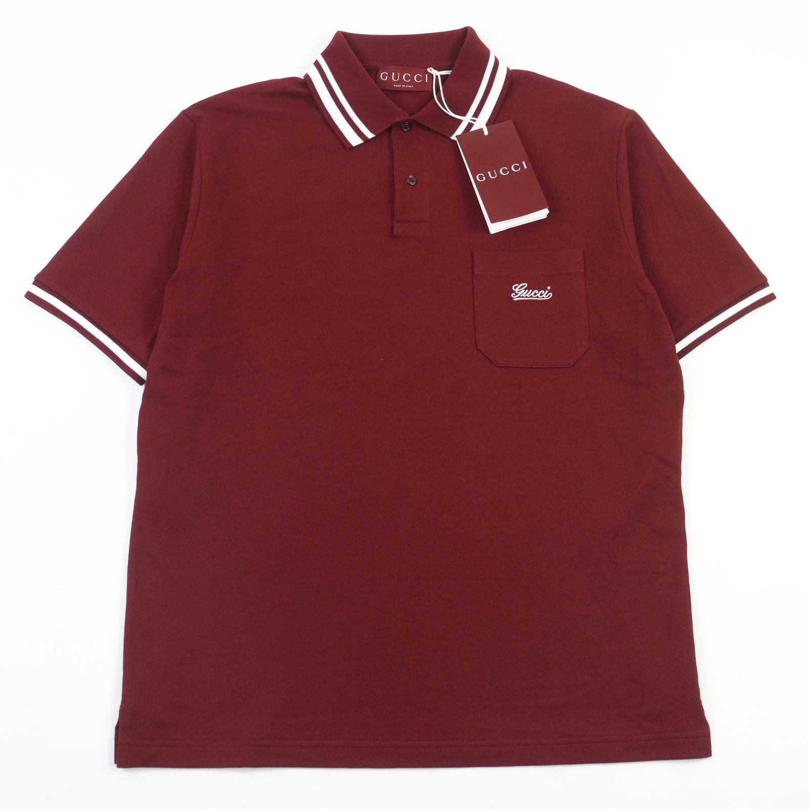 ○GUCCI グッチ 24AW 784422 コットン ロゴ刺繍 ポケット付き バイ 半袖ポロシャツ バーガンディー S イタリア製 メンズ