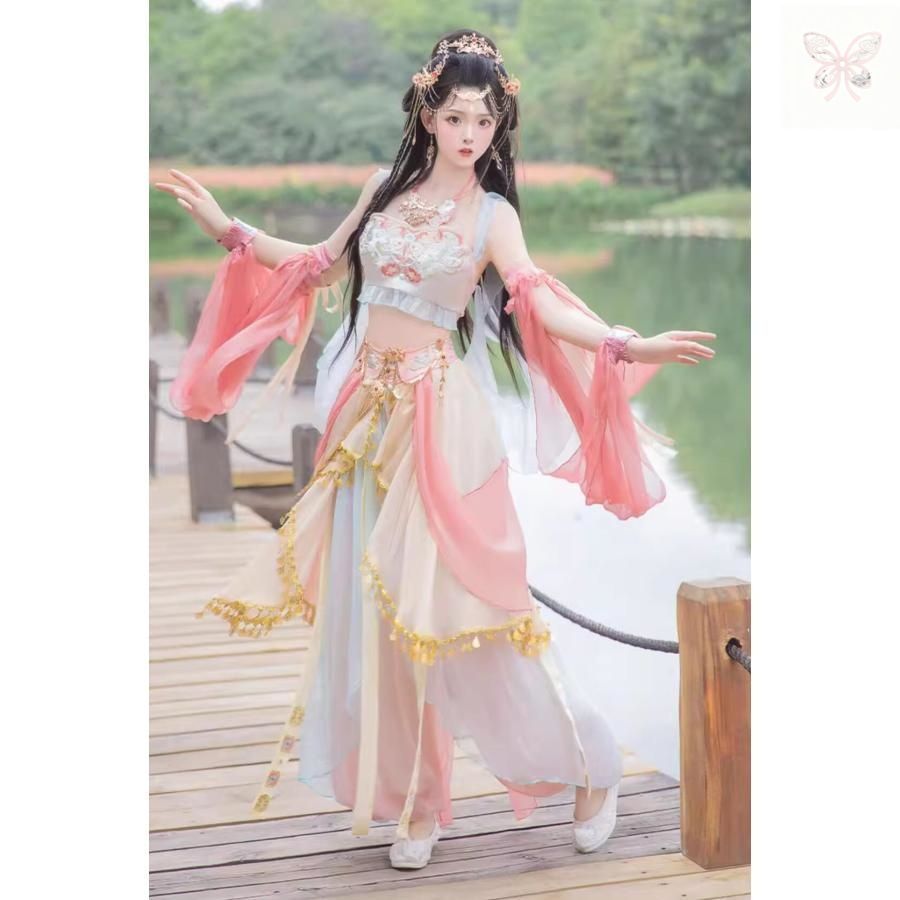 中華風アラビアン コスチューム 大人 敦煌舞踊 中華古典ダンス 衣装 中国古代民族風 ダンス衣装 4点セット ピンク系 ロングベール付き 付け