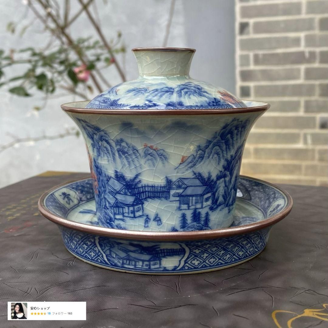 景徳鎮 陶磁器 青花福の字三才蓋碗 茶碗 煎茶器 新品未使用 中国茶器 景徳鎮 陶磁器 青花喜上眉梢三才蓋碗 茶碗 煎茶器 新品