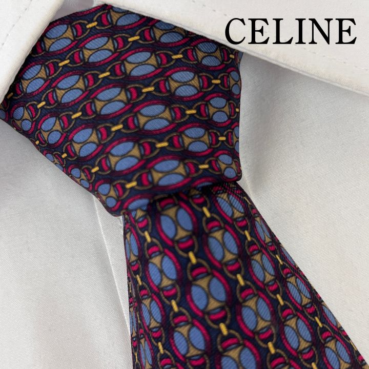 美品》CELINE (セリーヌ) シルクネクタイ 総柄 幾何学模様