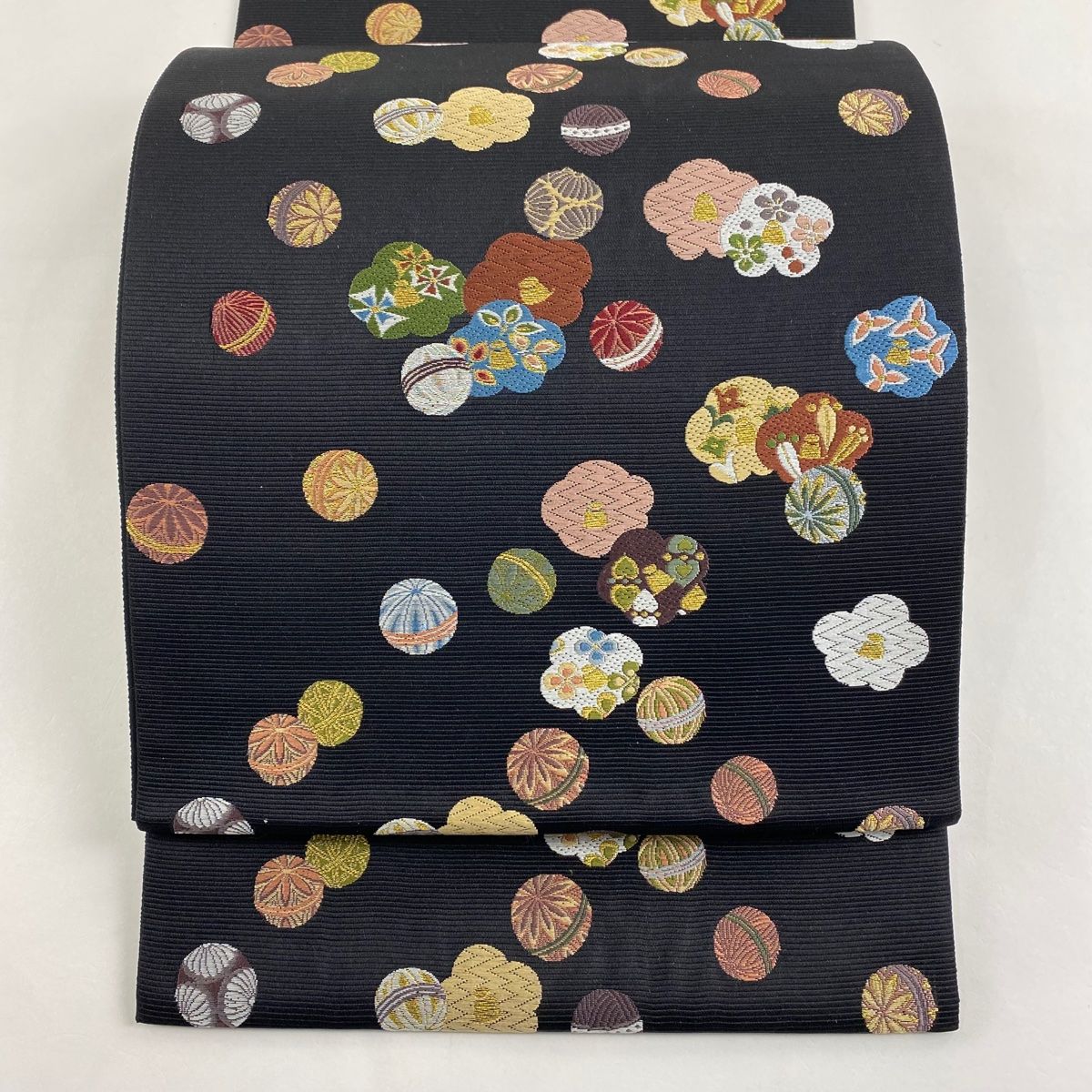 【美品】 袋帯 名品 手鞠 梅 金糸 黒 六通 正絹 【】