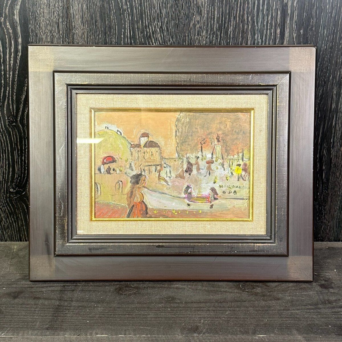 2809 織田広喜 レストランのある風景 額装 SM 油絵 美術品 絵画/M4 F2809 織田広喜 レストランのある風景 額装 SM 油絵 美術品 絵画