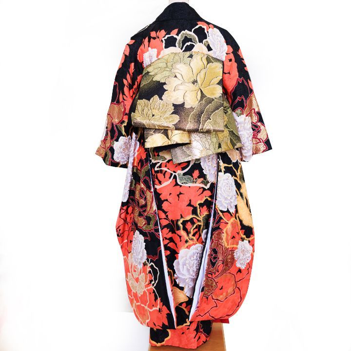 クール系赤系の大輪牡丹の振袖フルセット 振袖セット美品オレンジ