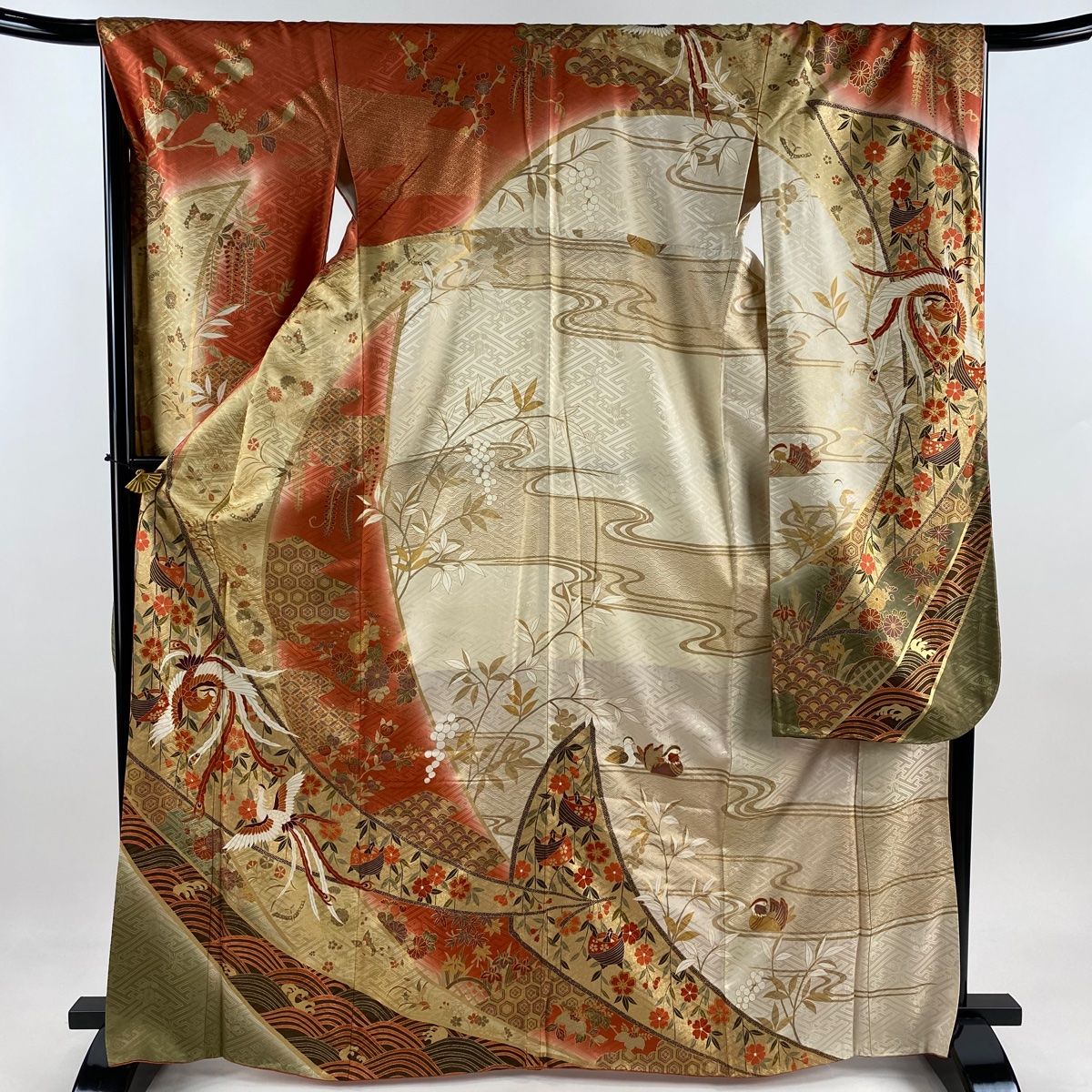 振袖 身丈168.5cm 裄丈67cm M 袷 鳳凰 枝垂れ桜 金彩 ぼかし オレンジ 正絹 秀品