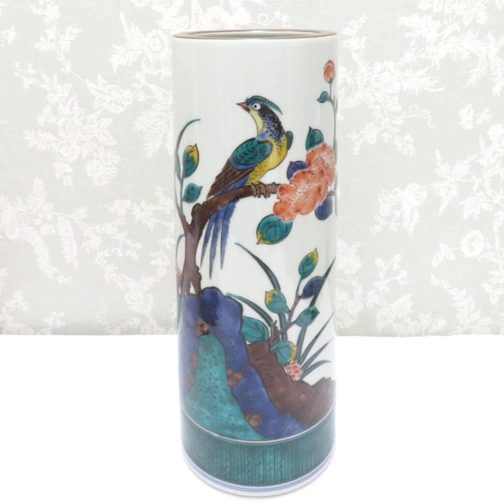 九谷焼 骨董・民芸品 三ツ井詠一 三代  三ツ井為吉 色絵花鳥 花生 花瓶 花器 花入 共箱有 略歴有 インテリア 九谷焼 骨董・民芸品 三ツ井詠一 三代 三ツ井為吉 色絵花鳥 花生