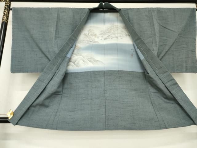 平和屋着物○男性 本場結城紬 重要無形文化財 アンサンブル 霞文 鉄黒色