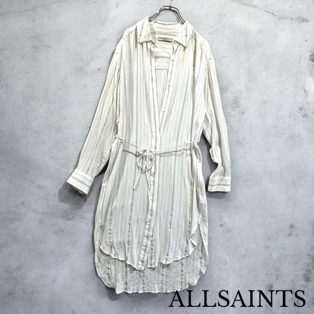 ALLSAINTS オールセインツ　シワ加工　ベルト付シャツワンピース　ロングシャツ　ワンピース　シャツワンピース　ストライプ柄　S