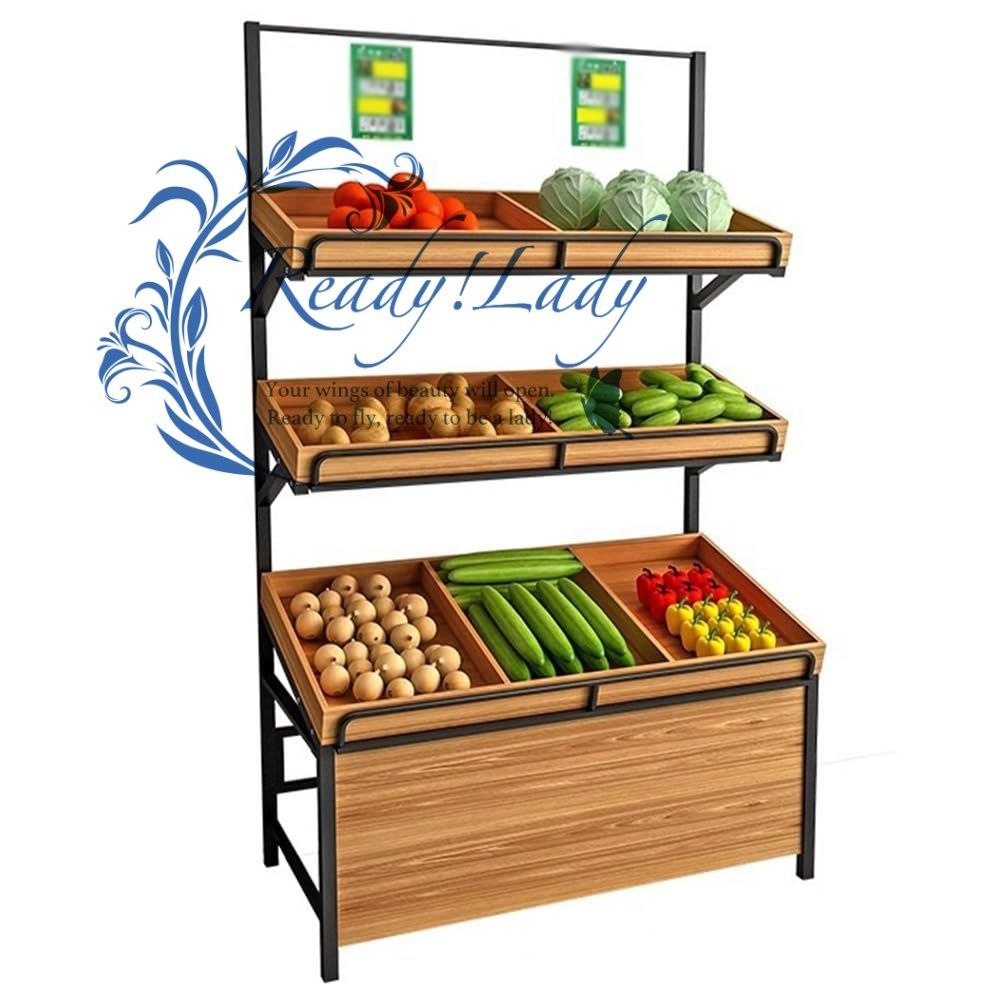 スーパーの棚 スーパーマーケットの陳列棚 家庭用 業務用 果物と野菜の棚 陳列棚 木製収納棚 収納ラック 高耐荷重鉄骨フレーム 組み立てが簡単 掃除が簡単 果物店 野菜店 A120 60 190cm