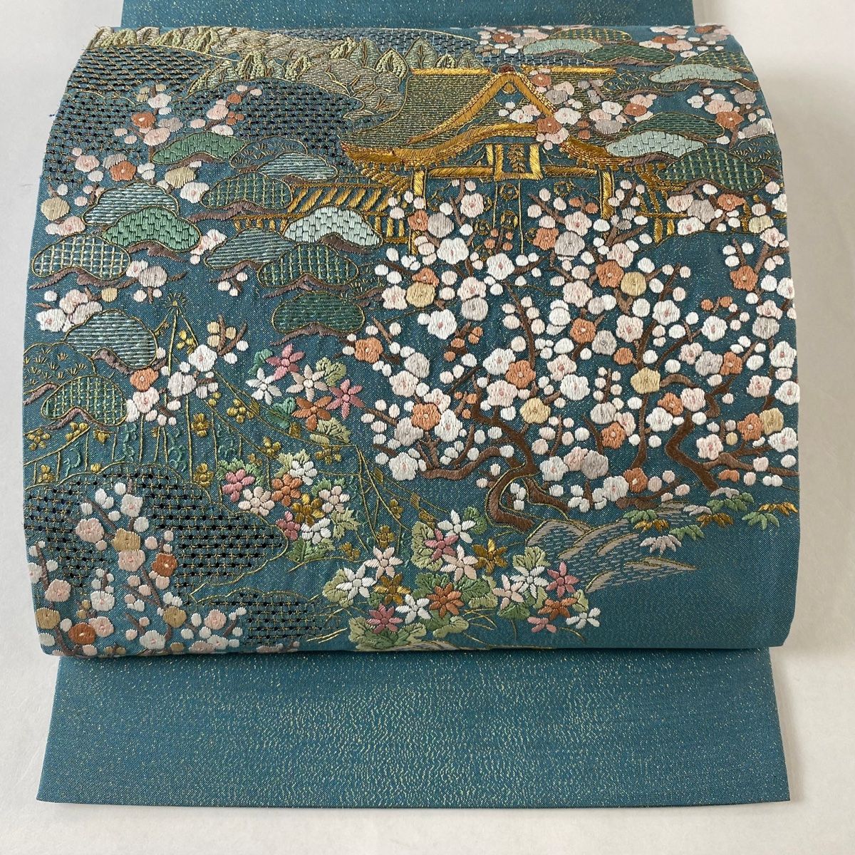袋帯 名品 建物 松竹梅 刺繍 箔 青緑 お太鼓柄 正絹