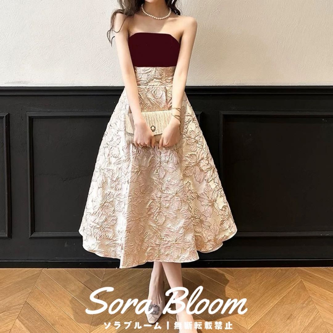 花柄がオシャレで ベア ミモレ丈 ドレス 大人 おとなかわいい スカート モード系ロマンチックドレス クラシカルワンピース