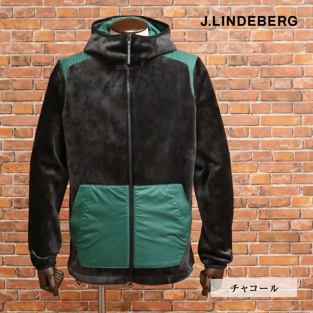 秋冬|J.LINDEBERG|44 S サイズ|ダブルジップパーカー 071-59010 ベルベット ストレッチ 異素材切替 ゴルフ メンズ 紳士 ジェイリンドバーグ |チャコール|mc161|