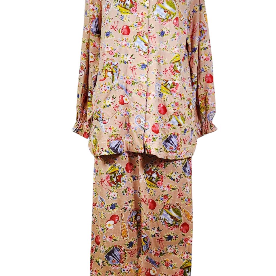 鴨居羊子パジャマ TUNIC 秋物 襟付き長袖全開パジャマ 60接結りんご 肌ピンク色 29330