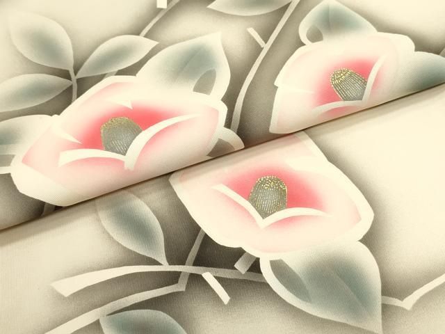 平和屋着物○塩瀬 九寸名古屋帯 手描き 枝椿文 薄卵色 金彩 正絹 逸品