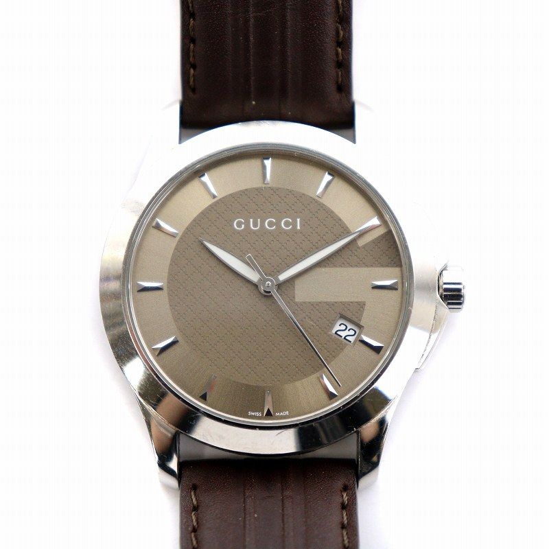 グッチ GUCCI 腕時計 Gタイムレス クオーツ デイト ブラウン文字盤 レザーベルト シルバーカラー 茶 ブラウン 126.4 /AQ GY18