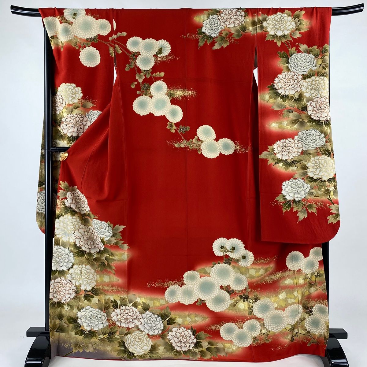 振袖 身丈170cm 裄丈69cm L 袷 牡丹 菊 金彩 ぼかし 赤 正絹