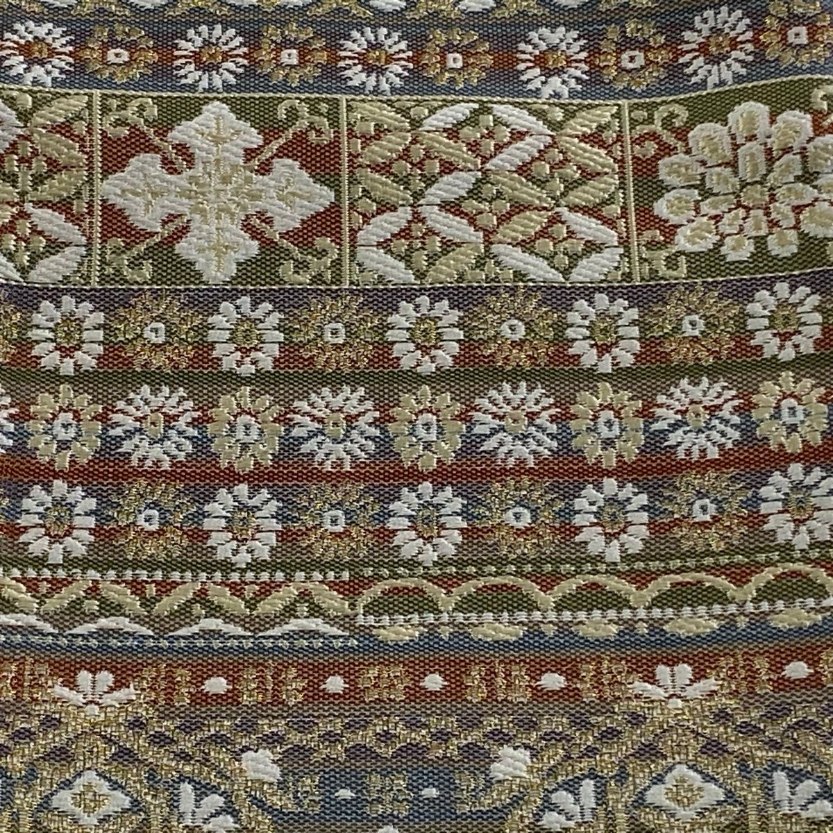 半幅帯 秀品 草花 七宝 金糸 灰色 正絹