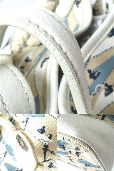 美品△大人気♪ TOD’S トッズ レディース 靴柄・ヨット風総柄 キャンバス×レザー トートバッグ マリン風 ベージュ×ホワイト 保存袋付き