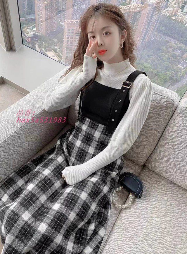 チェック ジャンパースカート 秋冬 切り替えワンピース Aライン ワンピース 秋冬 大きいサイズ ウエスト 韓国 レディース ファッション ミモレ丈 hax5a531983