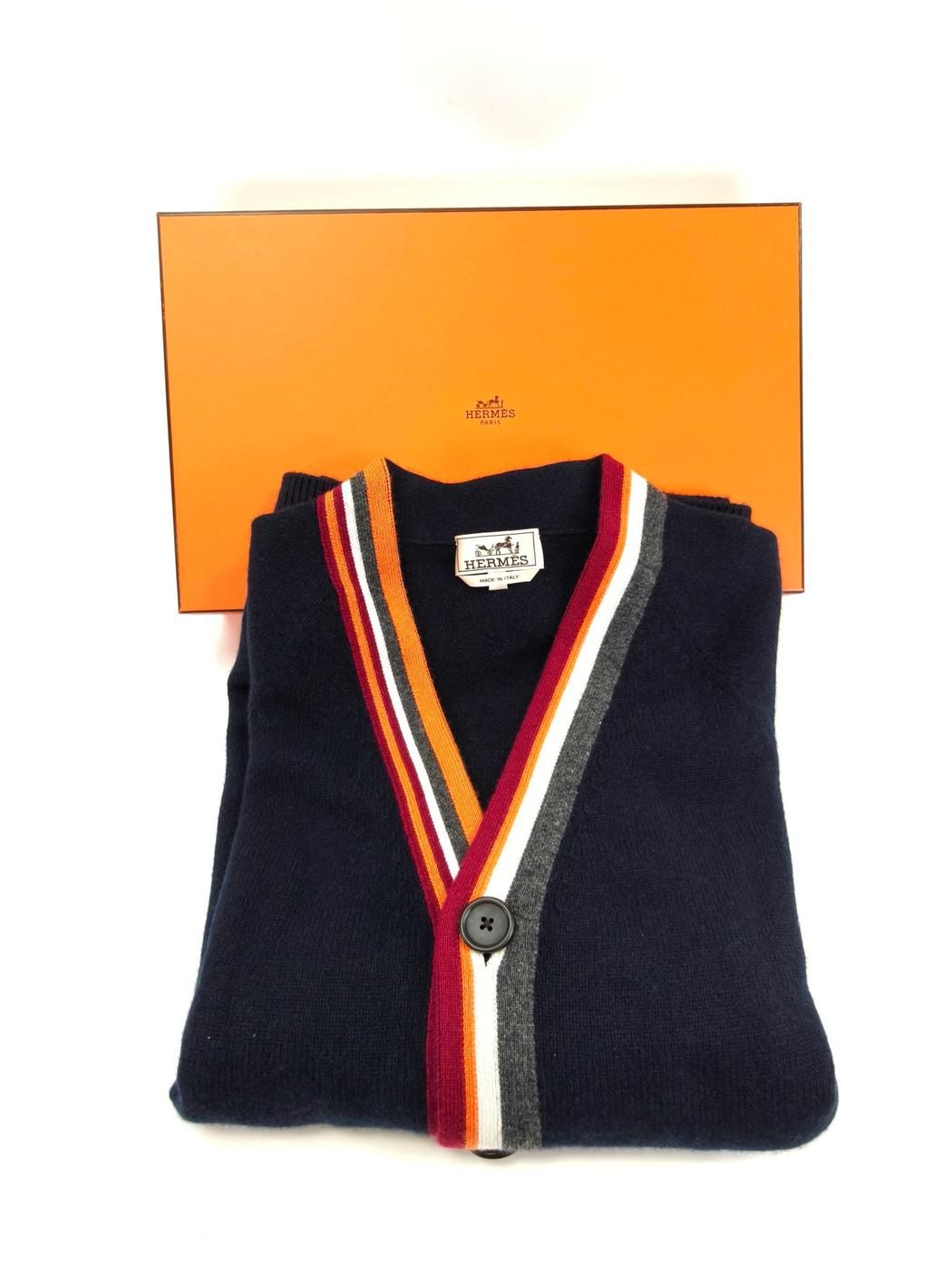 HERMES エルメス カシミヤ100％ カーディガン メンズ ネイビー アシンメトリーストライプ 管理番号 10207