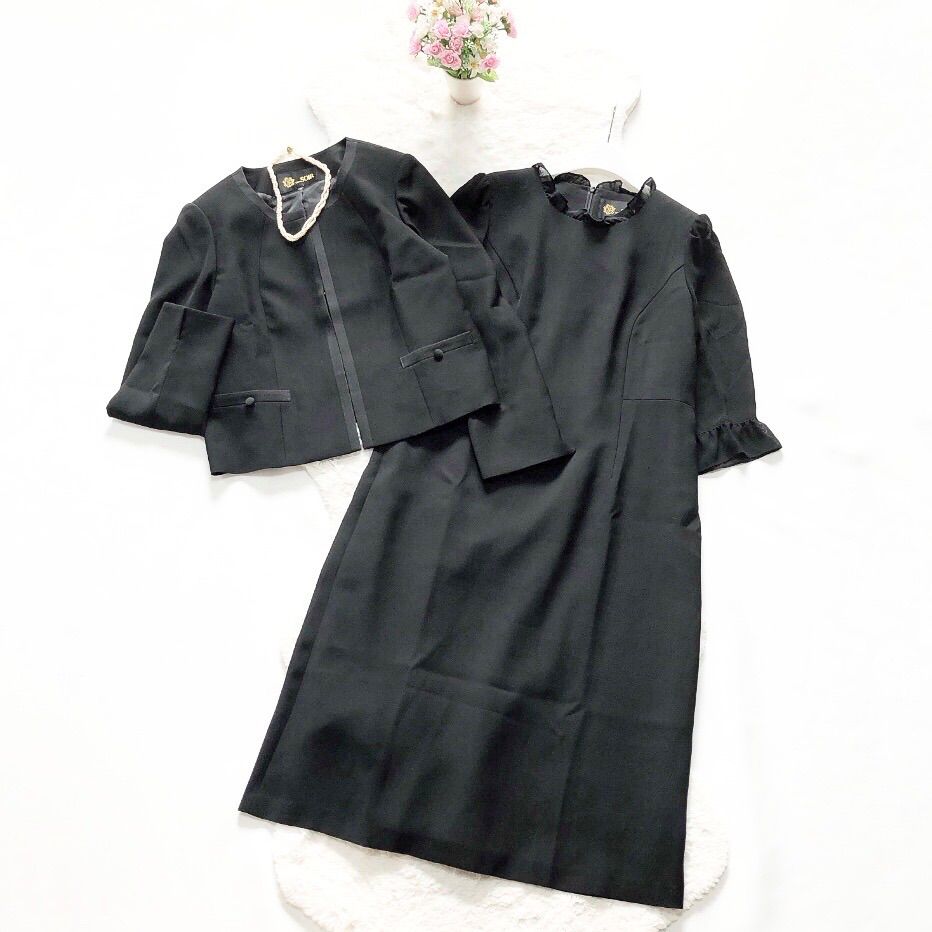 東京ソワール TOKYO SOIR ワンピーススーツセットアップ 冠婚葬祭 2点セット お受験スーツ ノーカラージャケット ブラック 大きいサイズ15