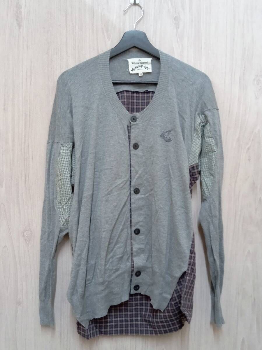 VIVIENNE WESTWOOD ANGLOMANIA|ヴィヴィアンウエストウッド アングロマニア|カーディガン|3チェック切替デザインオーブロゴ|グレー|38