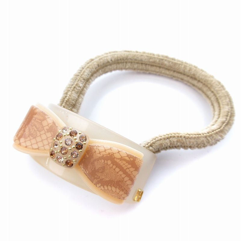 アレクサンドルドゥパリ Alexandre De Paris リボン ポニー ヘアゴム レースモチーフ ラインストーン ロゴ 髪ゴム ヘアアクセサリー ベージュ /DK