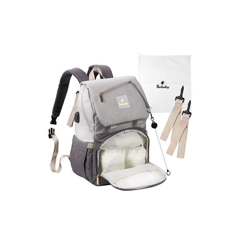 Ponbaby マザーズリュック 大容量 16のポケット マザーズバッグ リュック 軽量 USBポート付き オフホワイト×グレー 出産祝い プレゼント 1