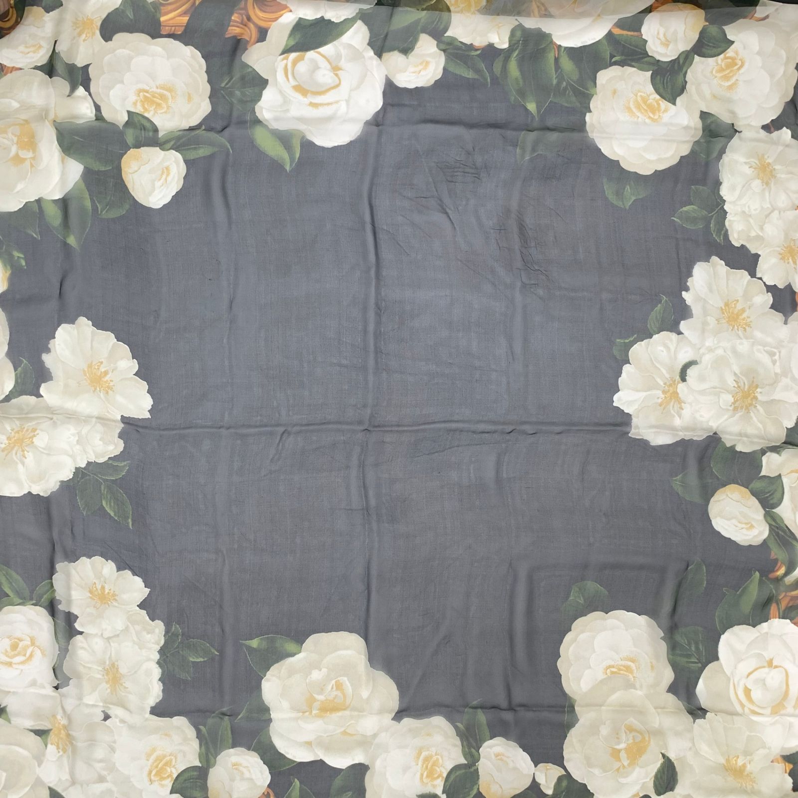 シャネル 大判 シースルー スカーフ ストール カメリア 花柄 ブラック