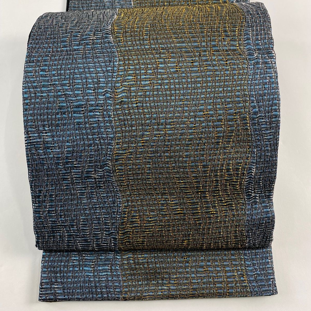 袋帯 秀品 よろけ縞 金銀糸 青緑 全通 正絹