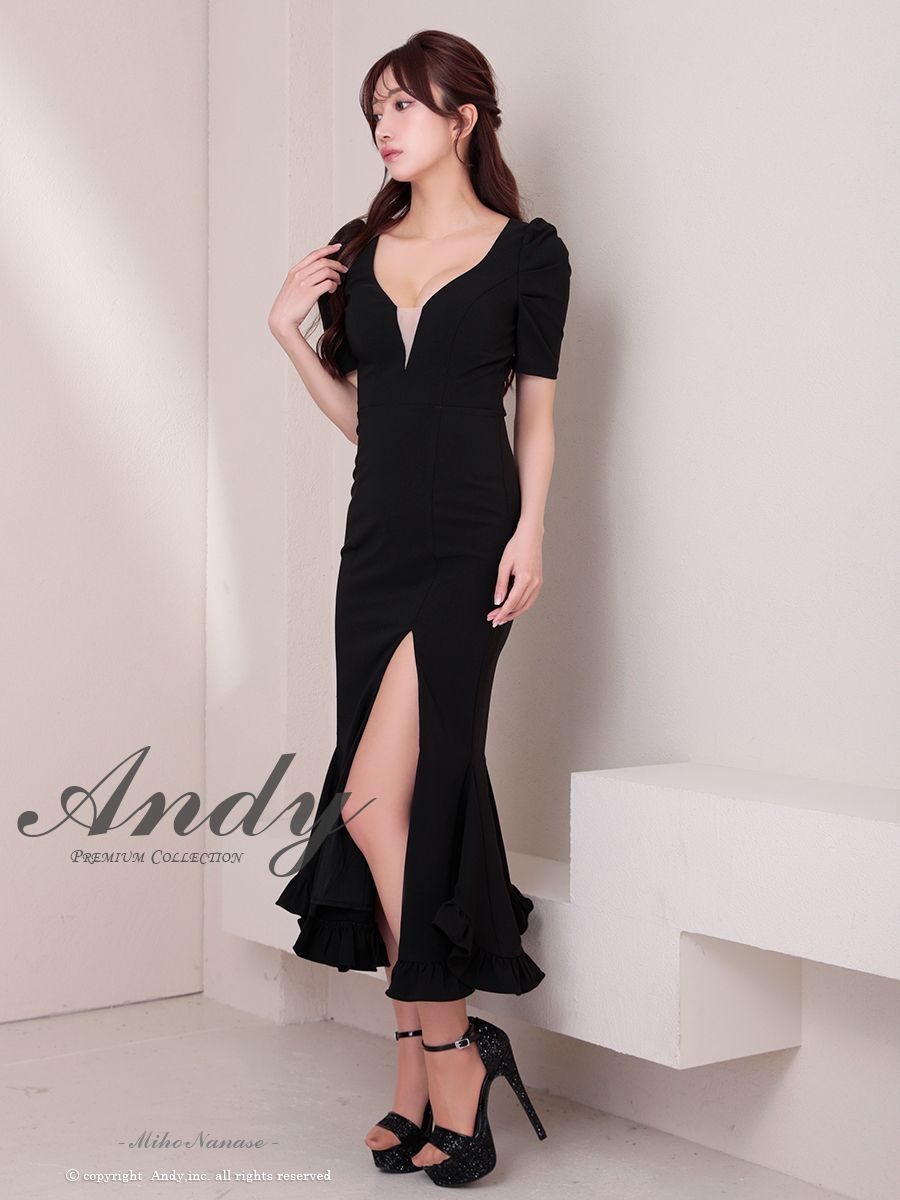 ブラックS OF05 ON2918-W-2503 ANDY アンディ パフスリーブ 袖あり バストシアー 裾フリル スリット マーメイド ミディアムドレス キャバドレス