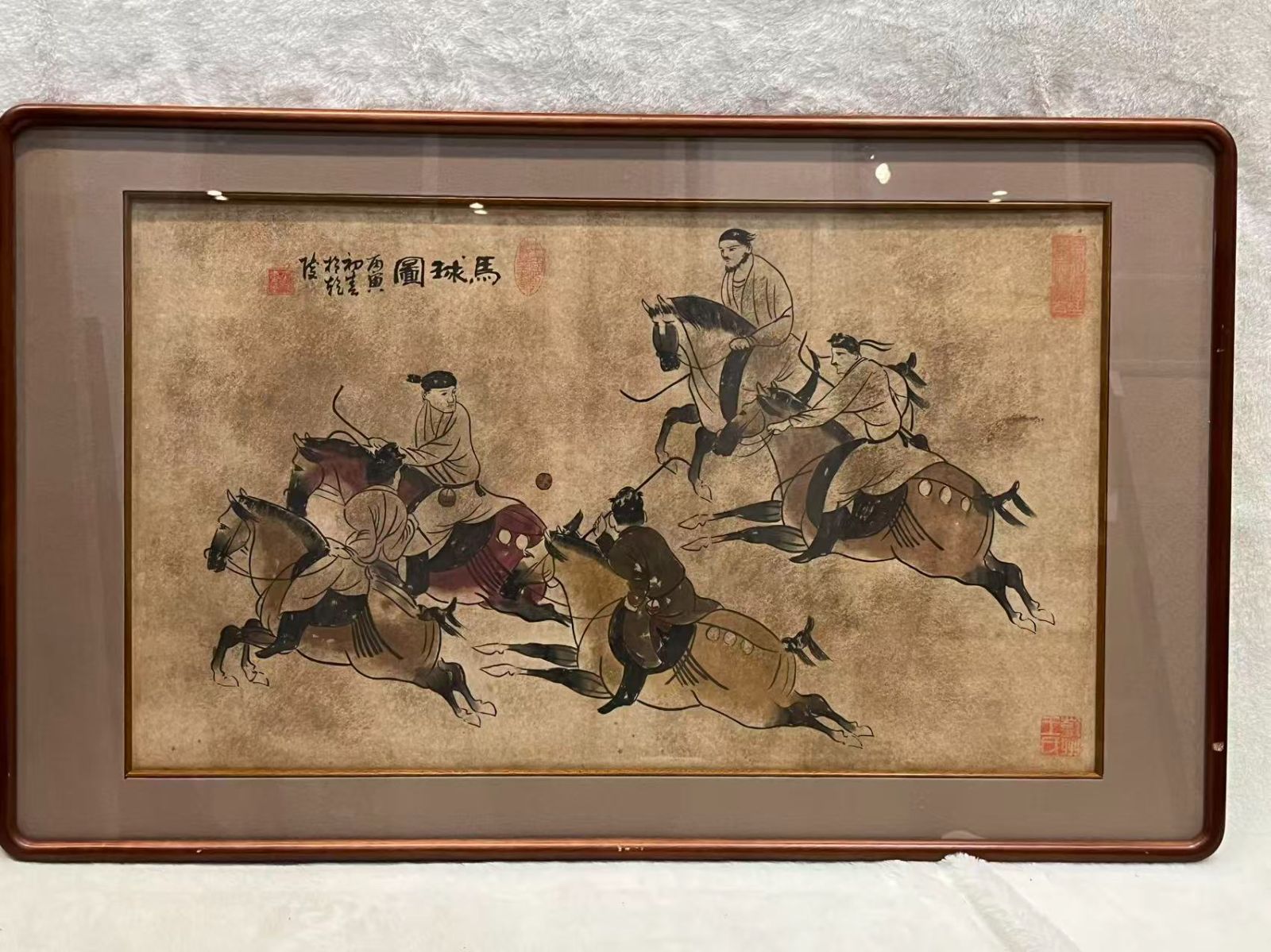 馬球図 馬球圖 唐風騎馬 丙寅初春於乾陵 伝統絵画 額装 中国風俗 中國壁畫 古典芸術 本紙サイズ約41.5×70cm