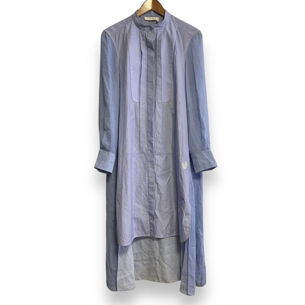 美品 Chloe クロエ 長袖 バンドカラー 比翼仕立て 異素材切替 マキシ丈 アシンメトリーヘム シャツワンピース 38 ラベンダーブルー レディース 古着  USED