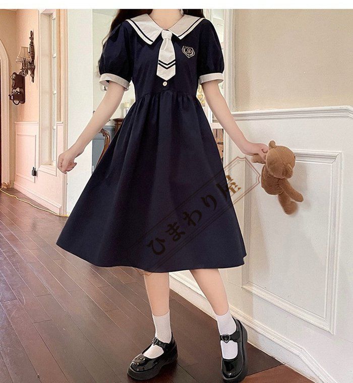 夏にぴったり♥️ミニ丈学生服風ワンピースデートやお出かけに最適！ ワンピース ビッグカラー セーラー風 胸元リボン 半袖 夏用 夏服