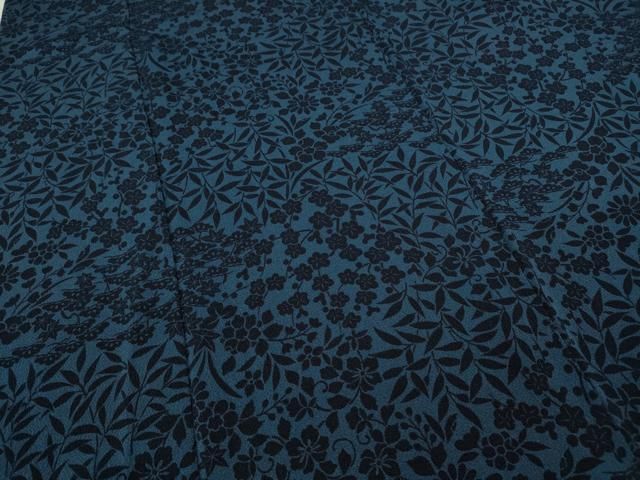 平和屋着物▽上質な小紋 単衣 藍 型染め 草花尽くし 鬼しぼ縮緬 正絹