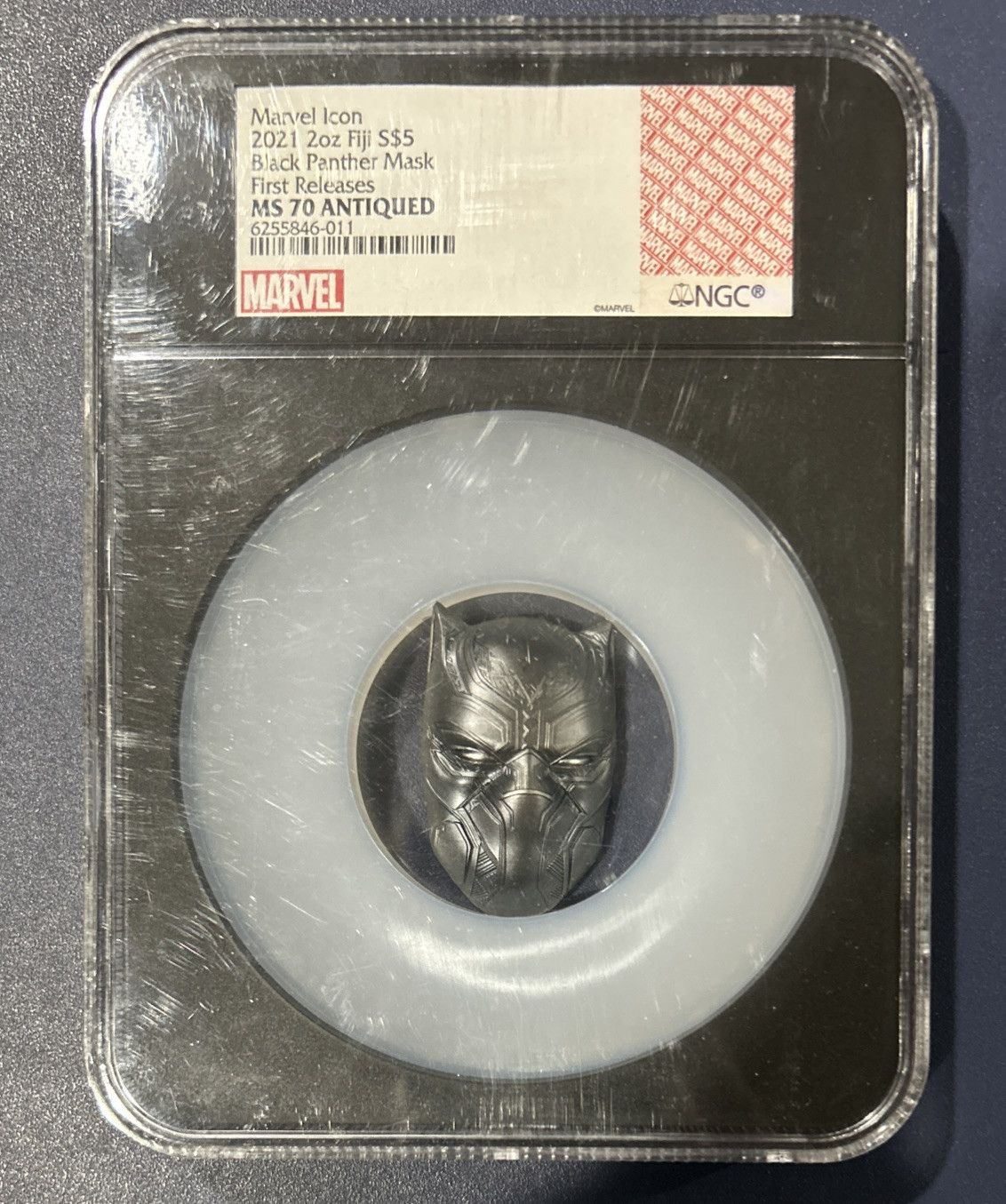 BLACK PANTHER MASK MARVEL 2021 FIJI 2oz SILVER COIN $5 NGC MS70 Antiqued 5000