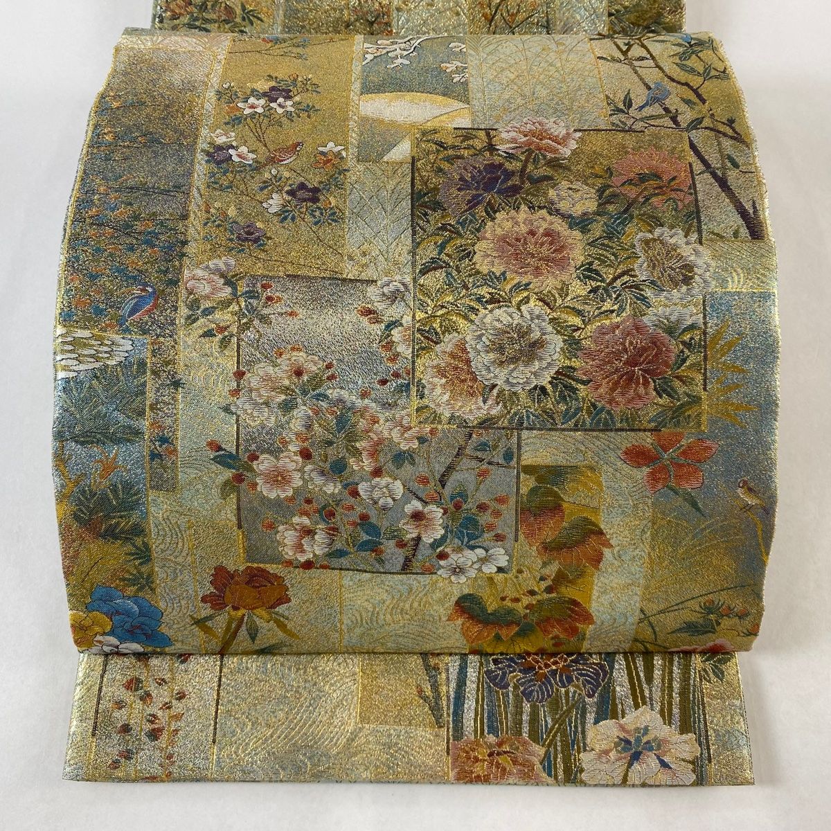 袋帯 名品 近代花鳥画 箔 薄緑 全通 正絹