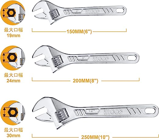 INGCO モンキーレンチ3pcsセット 150mm、200mm、250mm 最大口開き30