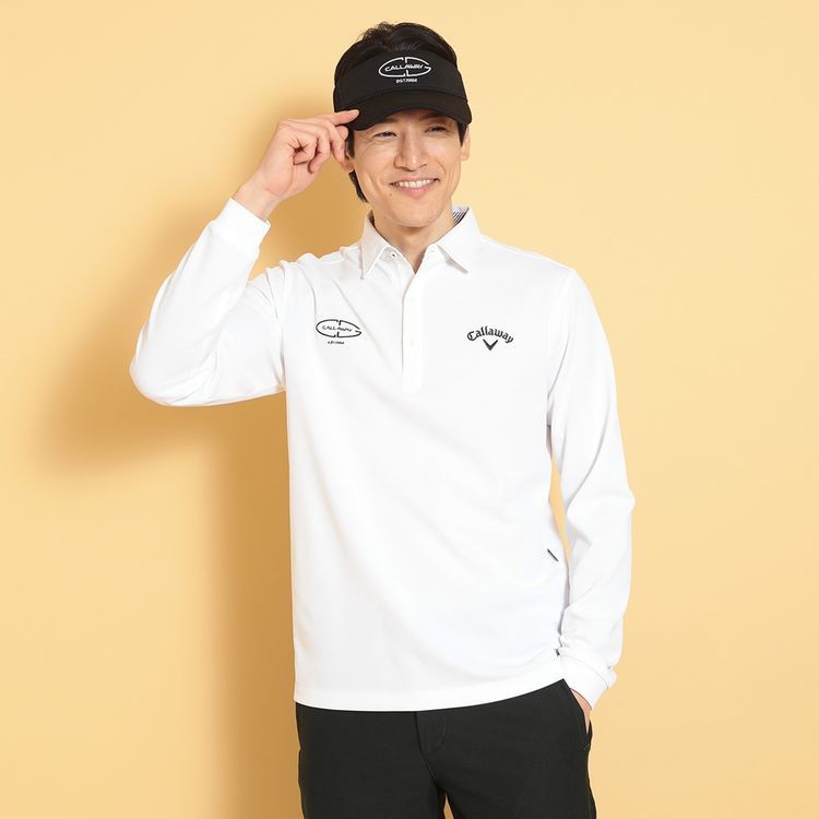 即完　キャロウェイ　ストレッチ　長袖　ポロシャツ　カノコ　ゴルフウェア 白　M Callaway キャロウェイ（CALLAWAY）（メンズ）ゴルフウェア 幾何