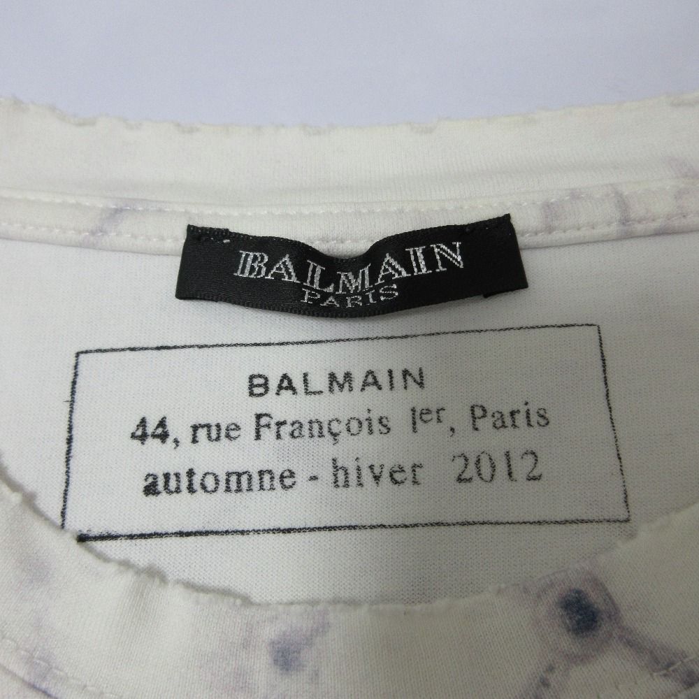 BALMAIN - 美品 BALMAIN バルマン フラワープリント ダメージ加工 半袖 ロングTシャツ ミニワンピース 34 ホワイト レディース 古着 中古 USED 美品 BALMAIN バルマン フラワープリント ダメージ加工 半袖
