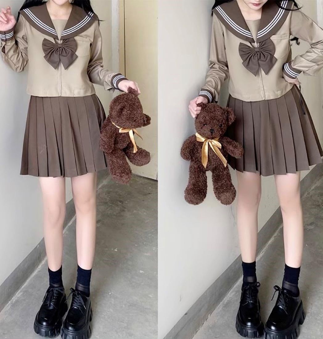 セーラー制服 ホワイト/ダークブラウン Kanoan] 3点セット セーラー服 長袖 ブラウン 茶色 コーヒー 白 3本