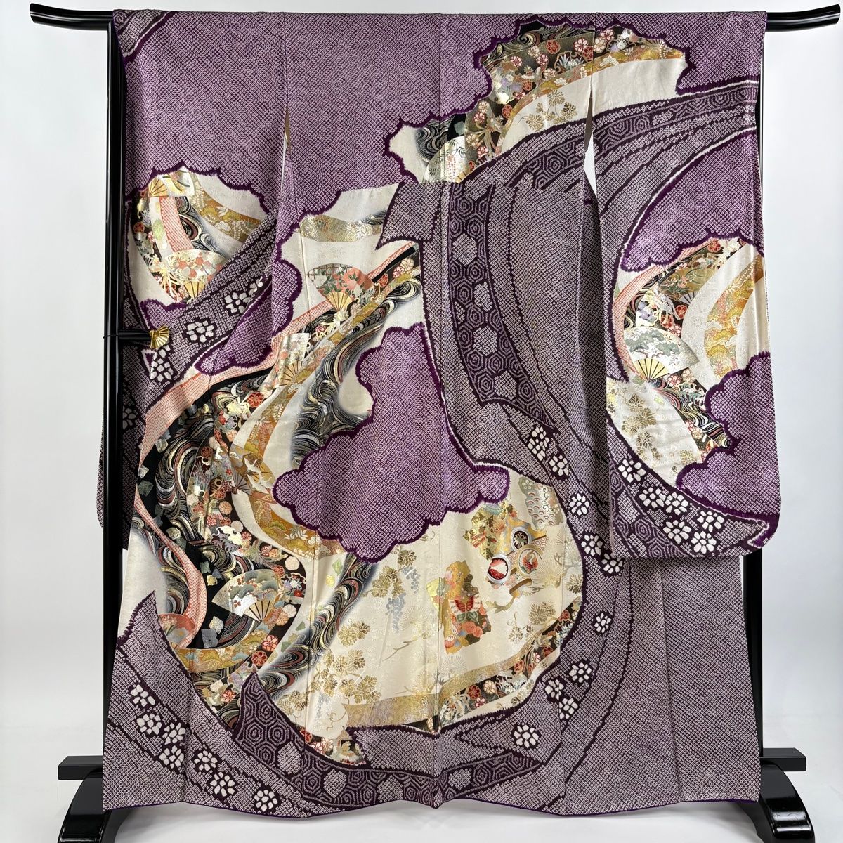 振袖 身丈165.5cm 裄丈70cm L 袷 花鳥 蝶 金糸 金銀彩 小豆色 正絹